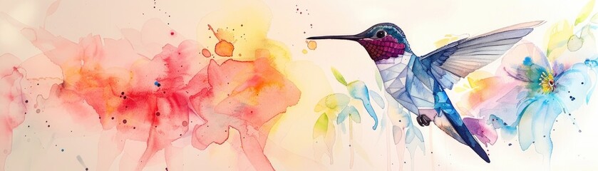 Hummingbird. A cheerful watercolor drawing of a minimal - obrazy, fototapety, plakaty