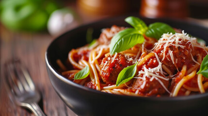 A bowl of spaghetti with meatballs and tomato sauce, topped with grated cheese and basil leaves.