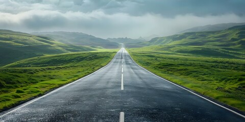 A road stretching out to the horizon symbolizing ambition and success. Concept Ambition, Success, Road to Victory, Long Journey, Path to Achievement - obrazy, fototapety, plakaty