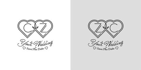 Letters CZ and ZC Wedding Love Logo, for couples with C and Z initials - obrazy, fototapety, plakaty