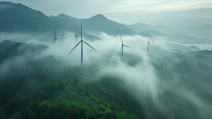 Wind turbines on mountains with foggy weather. Generative ai - obrazy, fototapety, plakaty