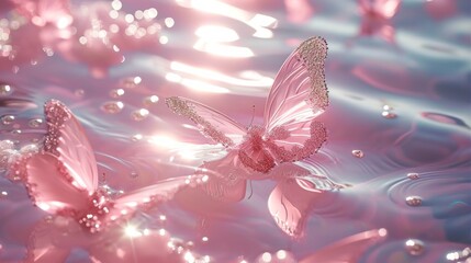 Pink butterflies flutter gracefully on the waters surface.