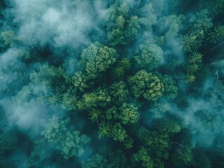 Aerial view of a Dense canopy, vibrant biodiversity, misty landscapes, exotic flora. 