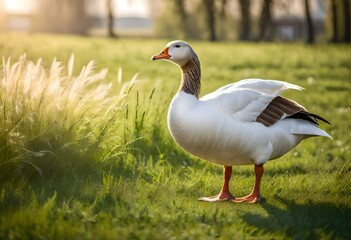A majestic domestic goose standing proudly in a green meadow, its feathers gleaming under the sunlight