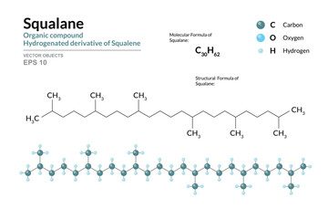 Squalane. Structural Chemical Formula and 3d Model of Molecule. C30H62. Atoms with Color Coding. Vector graphic Illustration for educational materials, scientific articles, and presentations