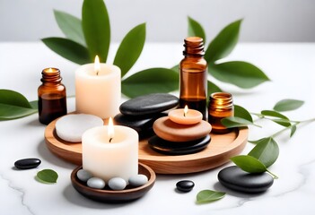 candles on wooden stands, several massage stones, small glass bottles, and green leaves on a white surface