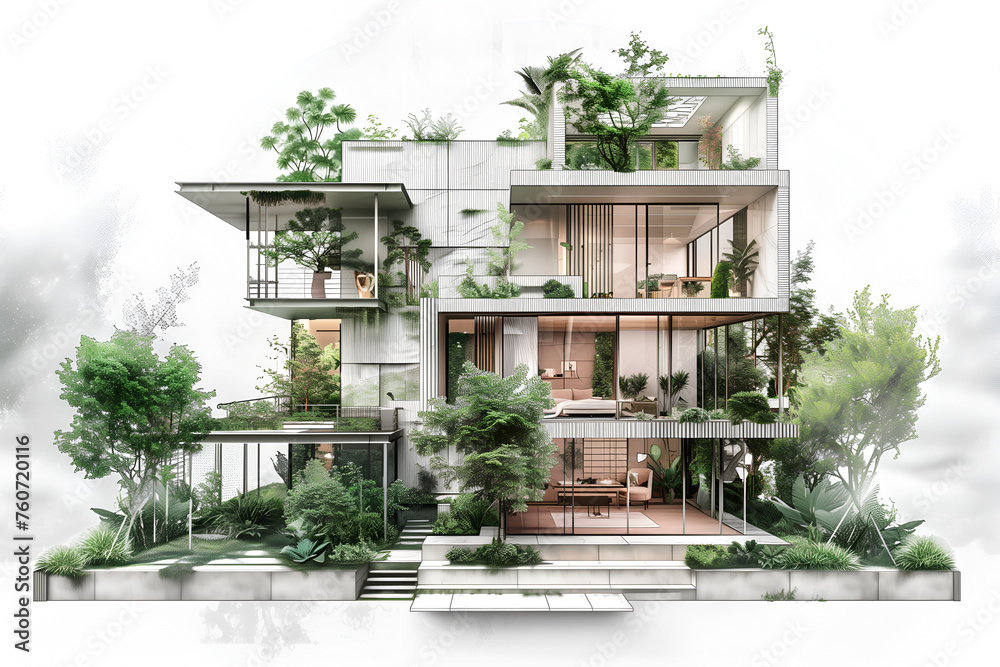 Wall mural Illustration of a modern house surrounded by green space