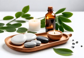 Fototapeta na wymiar candles on wooden stands, several massage stones, small glass bottles, and green leaves on a white surface