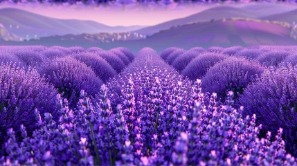 Rolgordijnen Lavender fields seamless pattern, with fragrant lavender rows for a calming effect © Thanthara
