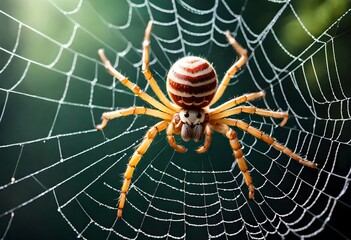 A spider poised on its web, ready to catch its prey, with intricate details of the silk strands shimmering in the light.