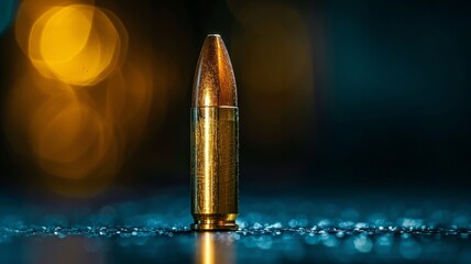 Highlight the metallic sheen of the bullet in dim light