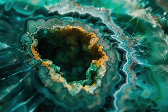 Macro shot of a vibrant Chrysocolla crystal with layered concentric circles focusing on its intricate patterns.