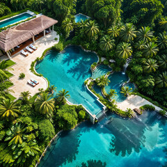 Obraz na płótnie Canvas A drone shot of a luxury swimming pool in the jungle, jungle trees, waterfalls, luxury mansion and garden, blue water, summer paradise, summer vacation, travel inspiration, tropical island, holiday
