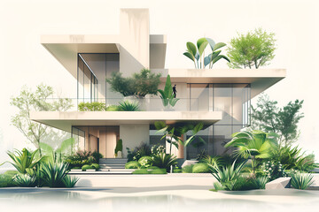 Illustration of a modern house surrounded by green space - obrazy, fototapety, plakaty