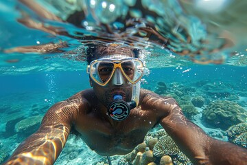 Man snorkeling over a coral reef in clear blue water.