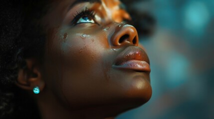 Touched by His Grace. Beautiful young black woman looking up with tears in her eyes.