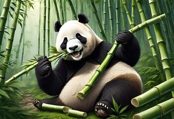 A giant panda peacefully munching on fresh bamboo shoots amidst a dense bamboo forest, showcasing...