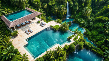 A drone shot of a luxury swimming pool in the jungle, jungle trees, waterfalls, luxury mansion and garden, blue water, summer paradise, summer vacation, travel inspiration, tropical island, holiday