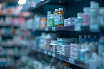 Blurred shelves of drugs in the pharmacy store. Generative AI - obrazy, fototapety, plakaty