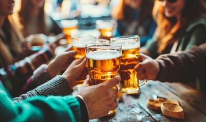 Group of people drinking beer at brewery pub restaurant. Happy friends enjoying happy hour sitting at bar table. Closeup image of brew glasses. Food and beverage lifestyle, Generative AI