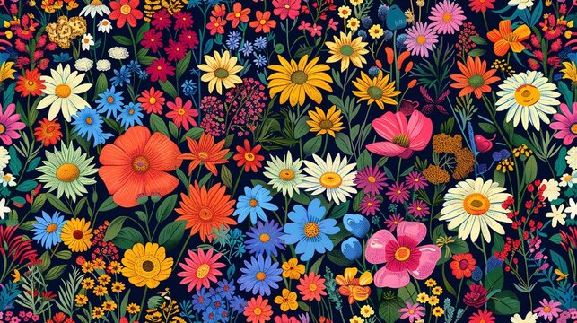 Wildflower meadow seamless pattern, featuring a variety of native flowers in vibrant hues. Seamless Pattern, Fabric Pattern, Tumbler Wrap, Mug Wrap.