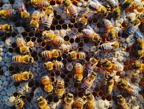 Aerial view of a Honeybees, pollination, rooftop apiaries, urban beekeeping initiatives. 