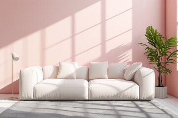 Fototapeta premium Minimalist living room with pastel pink walls, a modern white sofa, a potted fiddle leaf fig, and soft sunlight casting shadows. Place for text