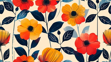 Abstract floral seamless pattern, with stylized flowers and leaves in bold, contemporary colors. Seamless Pattern, Fabric Pattern, Tumbler Wrap, Mug Wrap.
