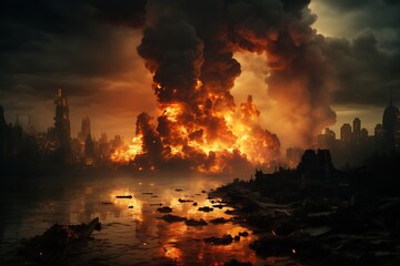 Apocalyptic city on fire with dark smoke clouds - obrazy, fototapety, plakaty