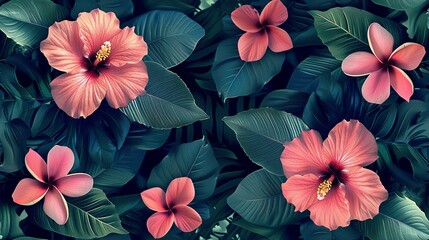 Tropical hibiscus and plumeria seamless pattern, with lush foliage for a summer vibe. Seamless Pattern, Fabric Pattern, Tumbler Wrap, Mug Wrap.