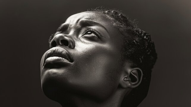 Touched by His Grace. Beautiful young black woman looking up with tears in her eyes.