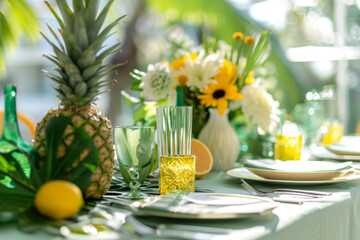 Table setting with bright colored floral centerpieces. Tropical party decorated with flowers. Generative AI