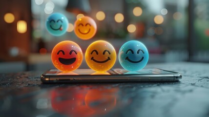 Joyful phone with floating smileys and chat bubbles - obrazy, fototapety, plakaty