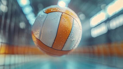 Indoor volleyball game close-up with floating ball