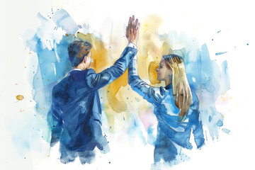 Blue watercolor of businesswoman giving a high five to male colleague in meeting
