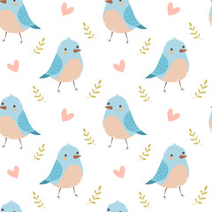 Naklejka premium Cute birds and hearts seamless pattern on white background, spring illustration, flat vector