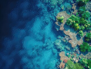 Aerial view of a Coral reefs, marine life, ocean conservation efforts, underwater biodiversity. 