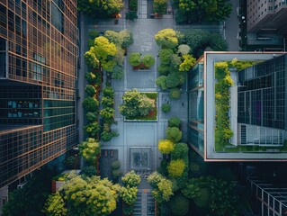 Aerial view of a Outdoor mindfulness, city skyline views, urban serenity, rooftop tranquility.