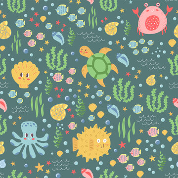 Childrens cute background. Sea pattern. Sea life elements seamles pattern for prints and textiles, fabric and designe for children