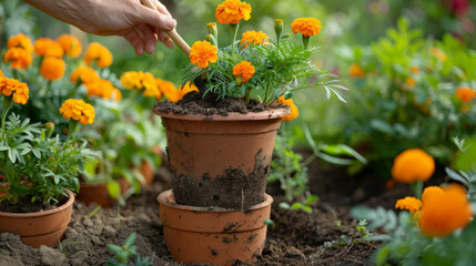 Fototapeta na wymiar A hand is planting orange marigold flowers in a terra-cotta pot with soil.