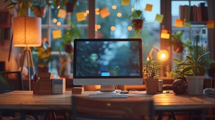 Desk with computer and multicolored memos in soft focus