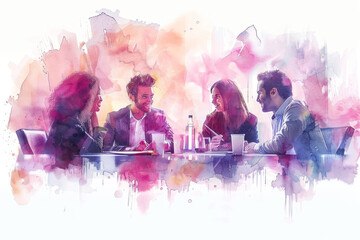 Pink watercolor of Multiracial business people having meeting - obrazy, fototapety, plakaty