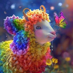 Squishy 3D cartoon sheep with vibrant rainbow fleece and whimsical wings