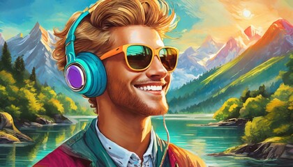 beautiful man with colorful headphones and sunglasses listen to the music, landscape in background - obrazy, fototapety, plakaty