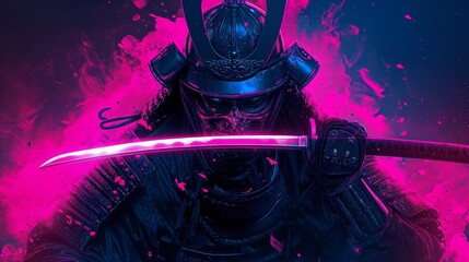 "Neon' style of a mysterious Samurai neon modernity, in deep midnight blue and vibrant hot pink