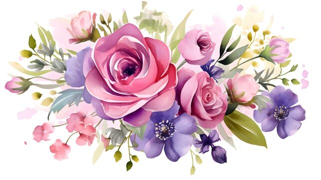 Composition of flowers in watercolor style on a white background. Greeting card for mother's day, birthday, women's day