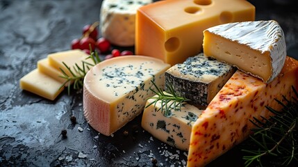 Cheese background. Beautiful assortment of cheeses and vegetables in vintage style on a marble background for design.