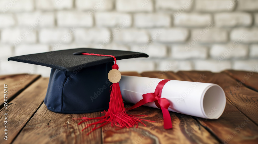 Wall mural black academic cap with a red tassel and a diploma with a red ribbon, placed on a wooden surface against a blurred brick wall background - Wall murals