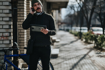 Focused male cyclist with headphones around his neck using a smart phone while standing by his...