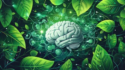 human brain surrounded by vibrant green leaves and abstract, glowing elements. intellect, cognition, and neural activity.